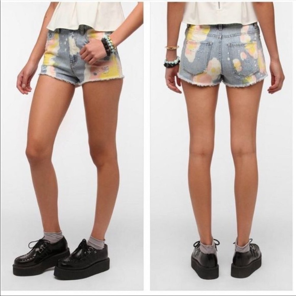 BDG UO High Rise Drew Cheeky Denim Paint Splash Short